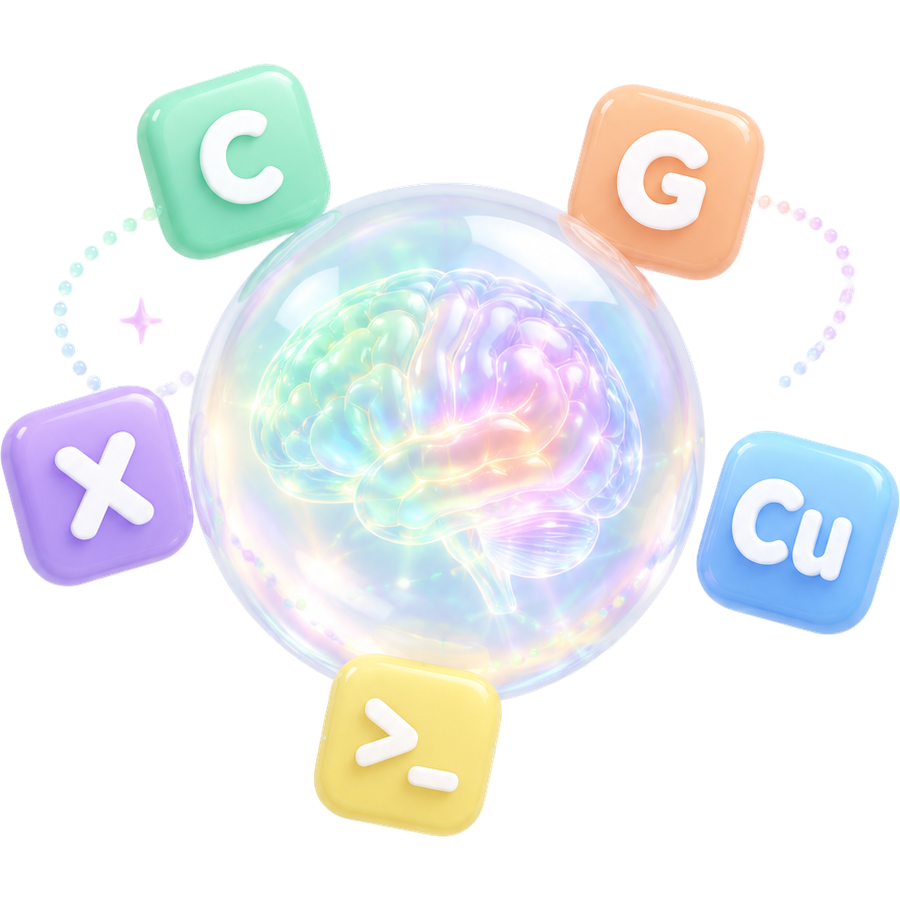 A glowing glass brain with Claude, ChatGPT, Codex, Cursor and Claude Code tiles orbiting it